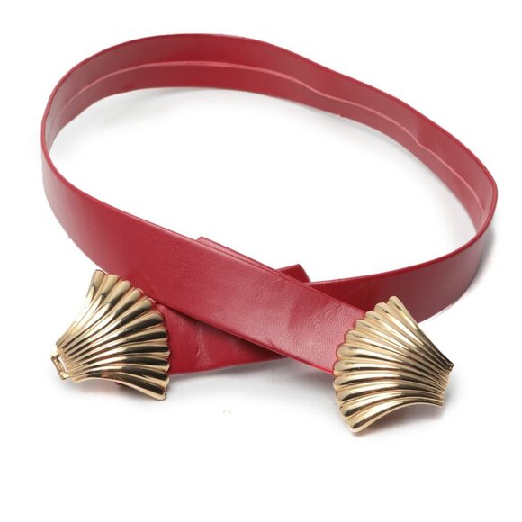 Vintage Mimi di Niscemi Gold Shell Belt Buckle Interlocking Talbots Red Vegan 81 - Picture 5 of 13